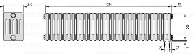 Схема (чертеж) Радиатор Zehnder Charleston 6040/29 №5510 Белый глянцевый RAL 9016